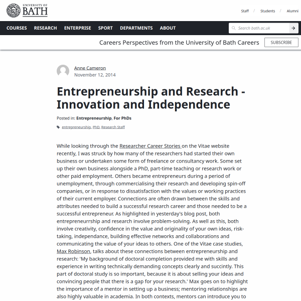Entrepreneurship and Research - Innovation and Independence