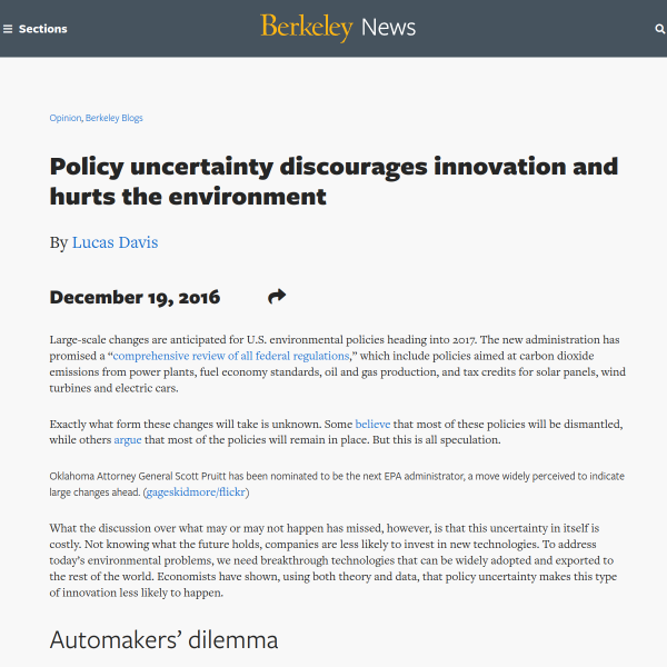 Policy uncertainty discourages innovation and hurts the environment