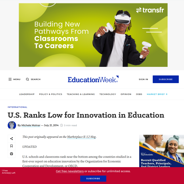 U.S. Ranks Low for Innovation in Education