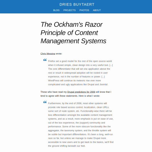 Dries Buytaert, Drupal&#039;s lead developer, proposes Ockham&#039;s Razor of Content Management