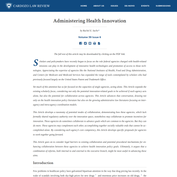 Administering Health Innovation - Cardozo Law Review