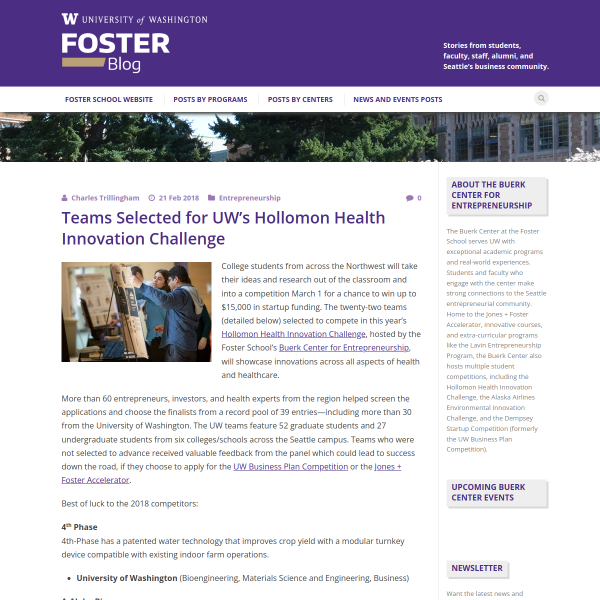Teams Selected for UW’s Hollomon Health Innovation Challenge - Foster Blog