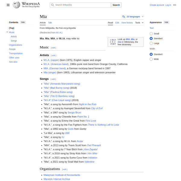 Long Wikipedia article on M.I.A.