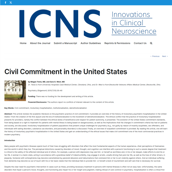 Civil Commitment in the United States - Innovations in Clinical Neuroscience