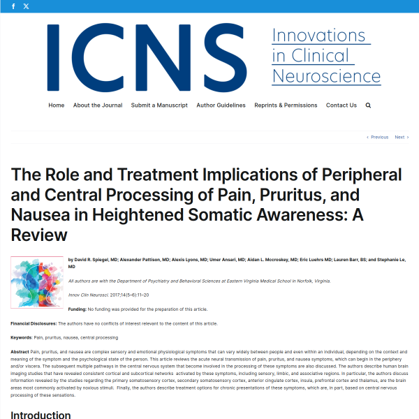 The Role and Treatment Implications of Peripheral and Central Processing of Pain, Pruritus, and Nausea in Heightened Somatic Awareness: A Review - Innovations in Clinical Neuroscience