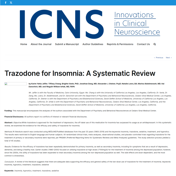Trazodone for Insomnia: A Systematic Review - Innovations in Clinical Neuroscience