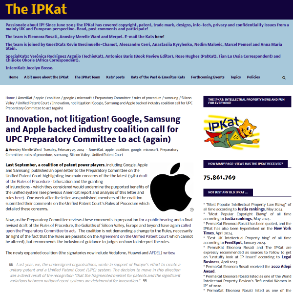 Innovation, not litigation! Google, Samsung and Apple backed industry coalition call for UPC Preparatory Committee to act (again)