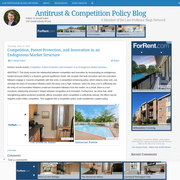 Antitrust & Competition Policy Blog: Competition, Patent Protection, and Innovation in an Endogenous Market Structure
