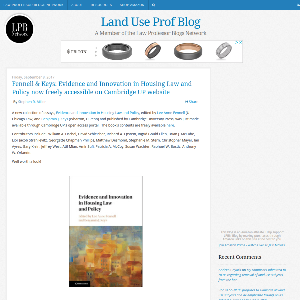 Land Use Prof Blog: Fennell & Keys: Evidence and Innovation in Housing Law and Policy now freely accessible on Cambridge UP website
