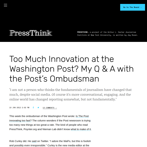 Too Much Innovation at the Washington Post? My Q & A with the Post's Ombudsman - PressThink