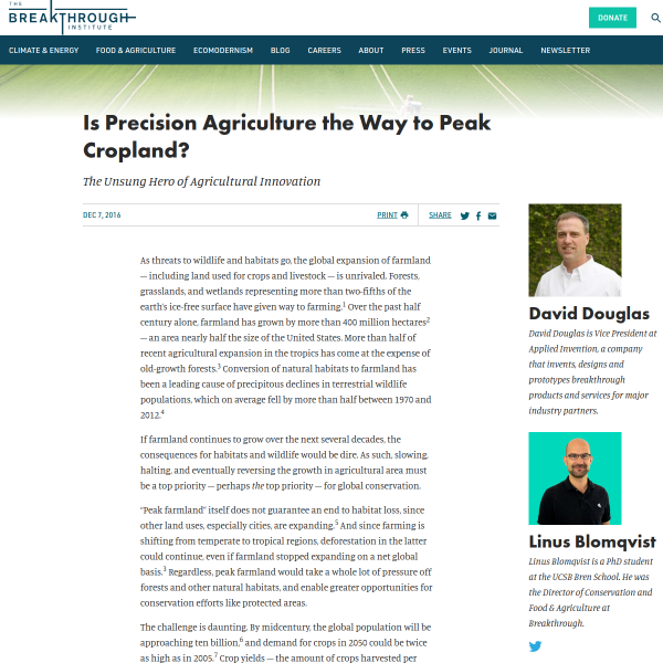 Is Precision Agriculture the Way to Peak Cropland? -- The Unsung Hero of Agricultural Innovation
