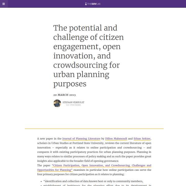 The potential and challenge of citizen engagement, open innovation, and crowdsourcing for urban planning purposes - The Governance Lab @ NYU