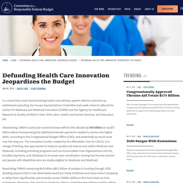 Defunding Health Care Innovation Jeopardizes the Budget