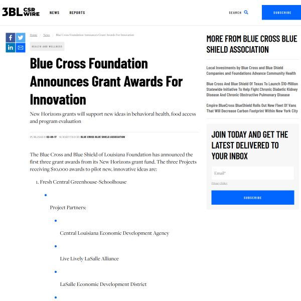 Blue Cross Foundation Announces Grant Awards For Innovation