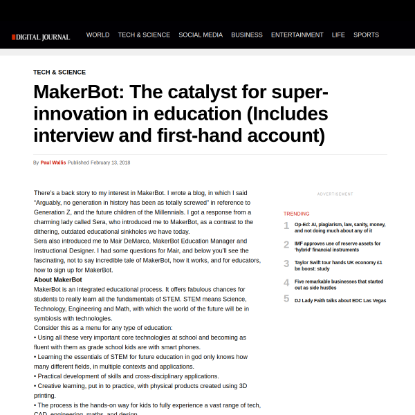 MakerBot: The catalyst for super-innovation in education (Includes interview and first-hand account)