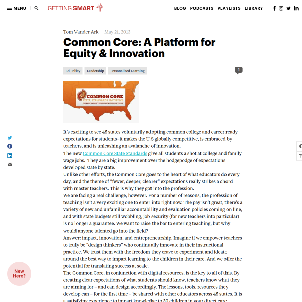 Common Core: A Platform for Equity & Innovation - Getting Smart by Tom Vander Ark - Common Core State Standards, edreform, EdTech, Innovation