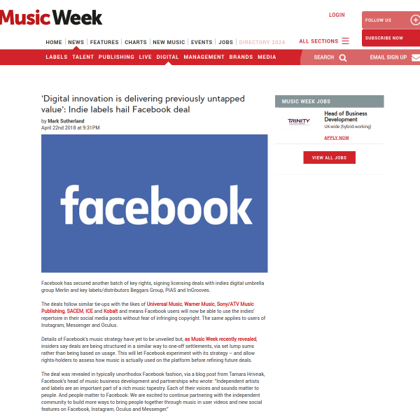 Digital innovation is delivering previously untapped value': Indie labels hail Facebook deal