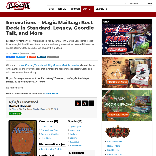 StarCityGames.com - Innovations - Magic Mailbag: Best Deck in Standard, Legacy, Geordie Tait, and More