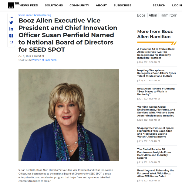 Booz Allen Executive Vice President and Chief Innovation Officer Susan Penfield Named to National Board of Directors for SEED SPOT