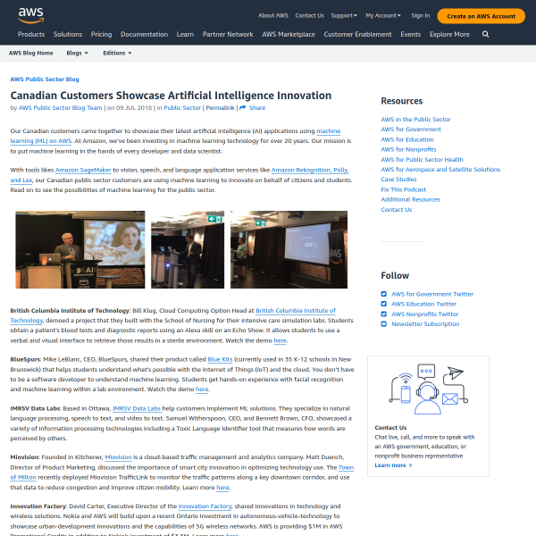 Canadian Customers Showcase Artificial Intelligence Innovation - Amazon Web Services