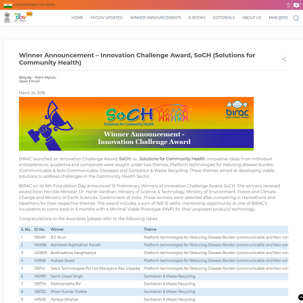 Winner Announcement - Innovation Challenge Award, SoCH (Solutions for Community Health) - MyGov Blogs