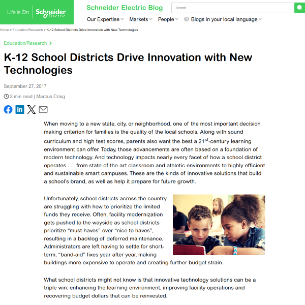 K-12 School Districts Drive Innovation with New Technologies - Schneider Electric Blog
