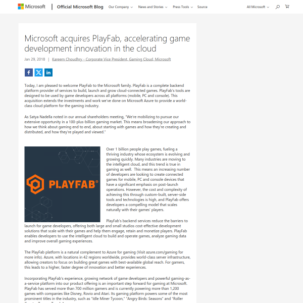 Microsoft acquires PlayFab, accelerating game development innovation in the cloud - The Official Microsoft Blog