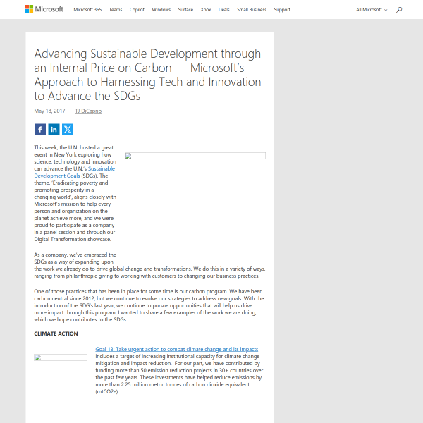 Advancing Sustainable Development through an Internal Price on Carbon — Microsoft's Approach to Harnessing Tech and Innovation to Advance the SDGs - Microsoft Green Blog