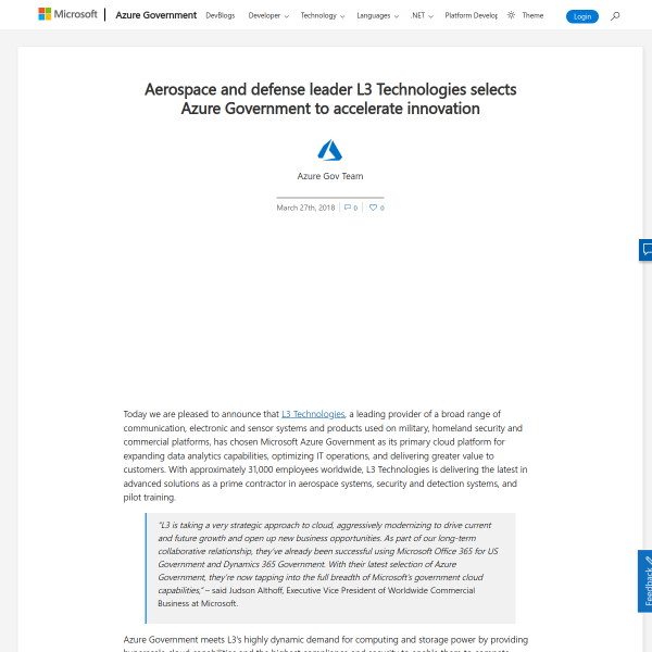 Aerospace and defense leader L3 Technologies selects Azure Government to accelerate innovation