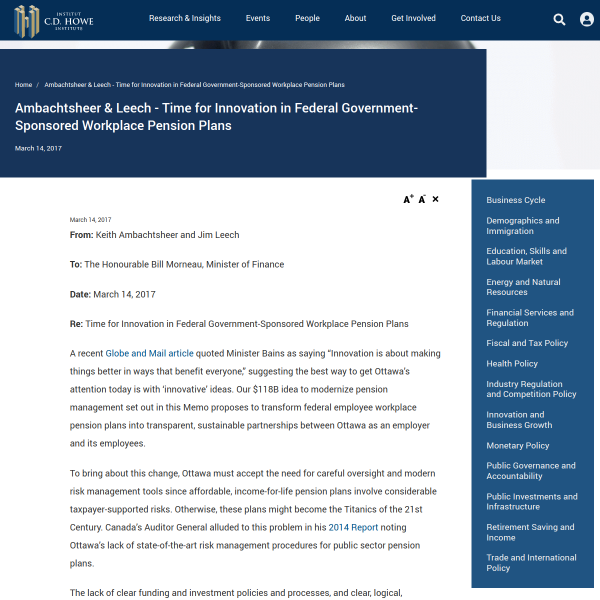 Ambachtsheer & Leech - Time for Innovation in Federal Government-Sponsored Workplace Pension Plans