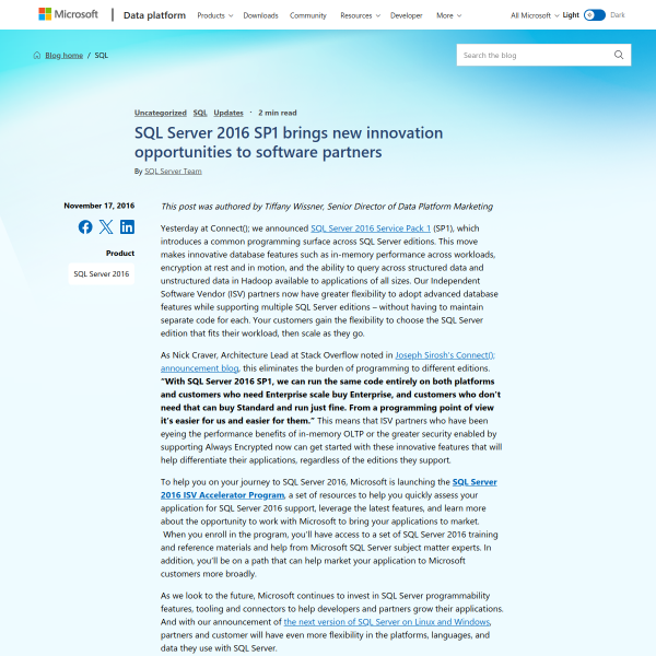 SQL Server 2016 SP1 brings new innovation opportunities to software partners