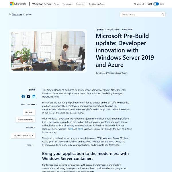 Microsoft Pre-Build update: Developer innovation with Windows Server 2019 and Azure