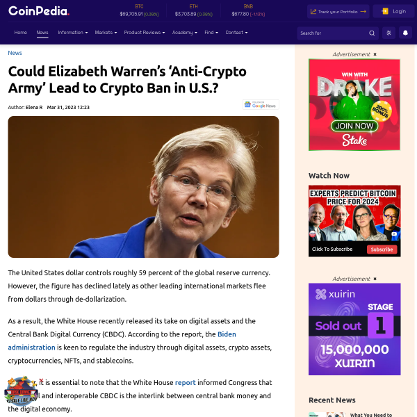 Read the full Article:  ⭲ Could Elizabeth Warren’s ‘Anti-Crypto Army’ Lead to Crypto Ban in U.S.?