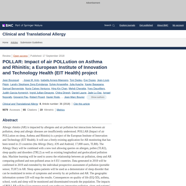 POLLAR: Impact of air POLLution on Asthma and Rhinitis; a European Institute of Innovation and Technology Health (EIT Health) project
