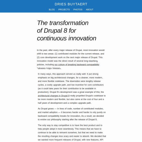 The transformation of Drupal 8 for continuous innovation