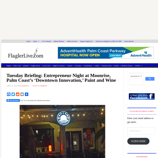Tuesday Briefing: Entrepreneur Night at Moonrise, Palm Coast's 'Downtown Innovation,' Paint and Wine - FlaglerLive