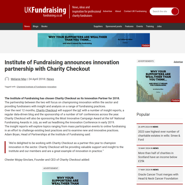 Institute of Fundraising announces innovation partnership with Charity Checkout - UK Fundraising