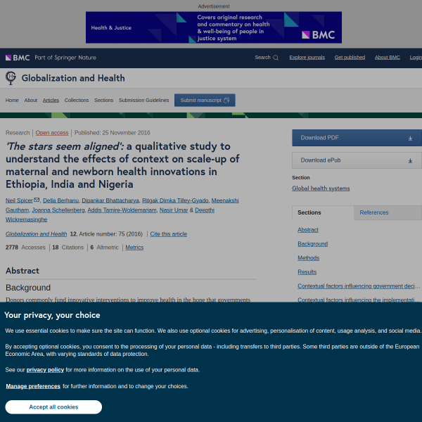 ‘The stars seem aligned’: a qualitative study to understand the effects of context on scale-up of maternal and newborn health innovations in Ethiopia, India and Nigeria