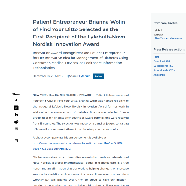 Patient Entrepreneur Brianna Wolin of Find Your Ditto Selected as the First Recipient of the Lyfebulb-Novo Nordisk Innovation Award