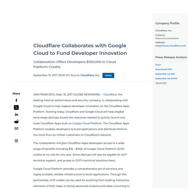 Cloudflare Collaborates with Google Cloud to Fund Developer Innovation
