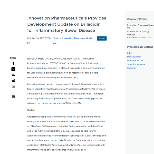 Innovation Pharmaceuticals Provides Development Update on Brilacidin for Inflammatory Bowel Disease