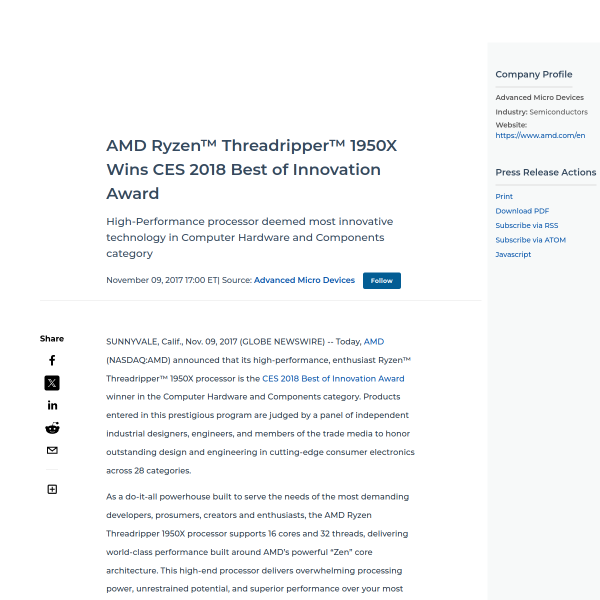AMD Ryzen™ Threadripper™ 1950X Wins CES 2018 Best of Innovation Award