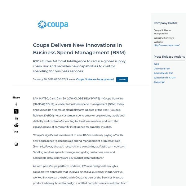 Coupa Delivers New Innovations In Business Spend Management (BSM)