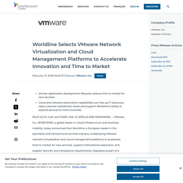 Worldline Selects VMware Network Virtualization and Cloud Management Platforms to Accelerate Innovation and Time to Market