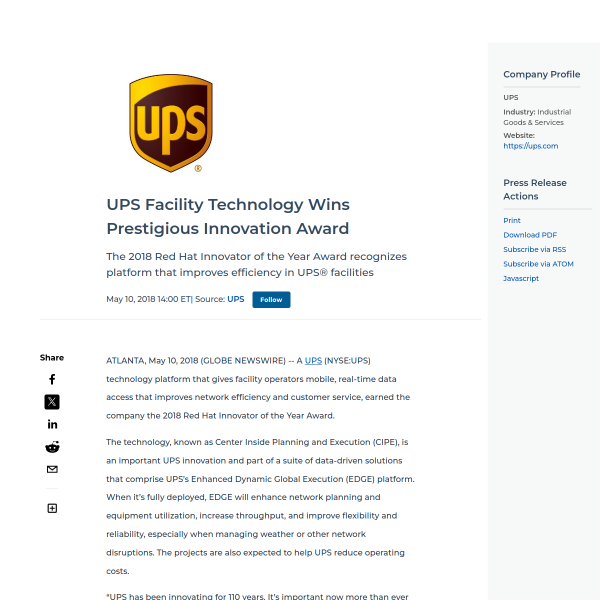 UPS Facility Technology Wins Prestigious Innovation Award