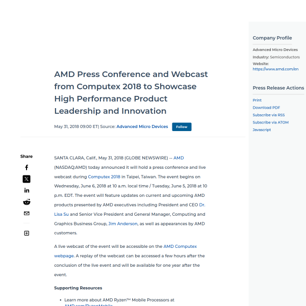 AMD Press Conference and Webcast from Computex 2018 to Showcase High Performance Product Leadership and Innovation