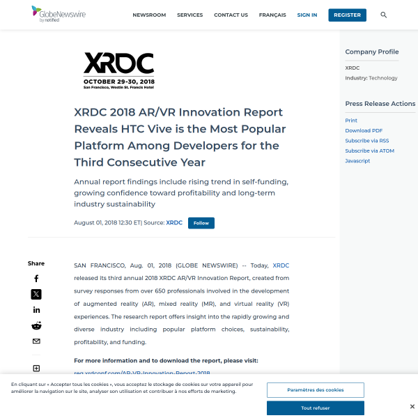 XRDC 2018 AR/VR Innovation Report Reveals HTC Vive is the Most Popular Platform Among Developers for the Third Consecutive Year