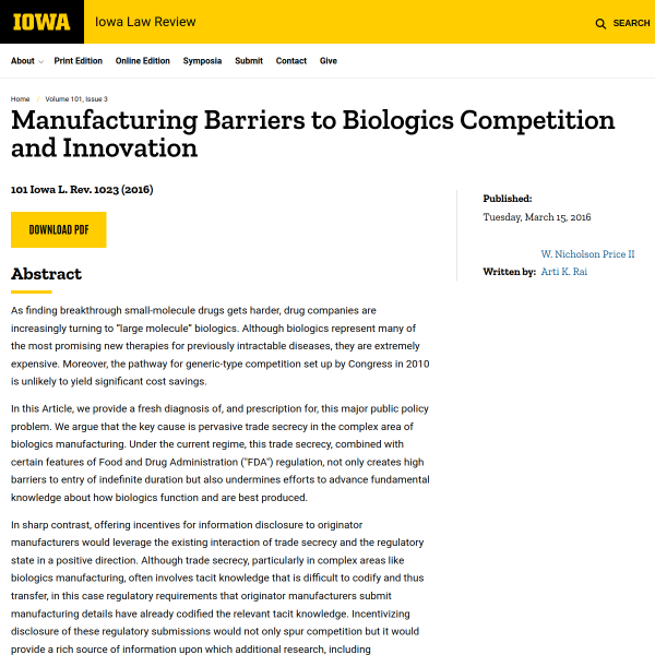 Manufacturing Barriers to Biologics Competition and Innovation