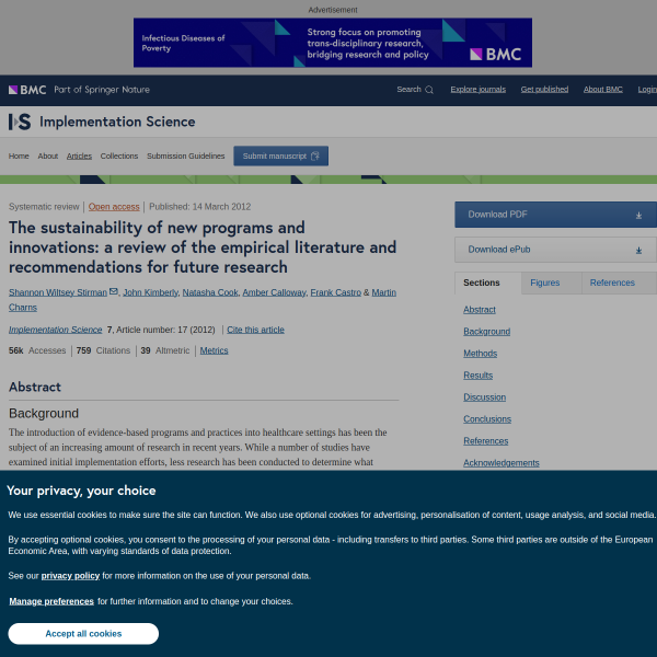 The sustainability of new programs and innovations: a review of the empirical literature and recommendations for future research