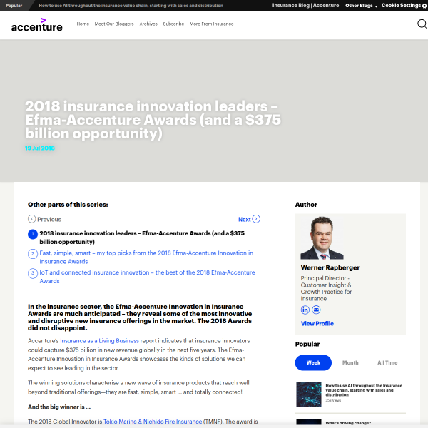 2018 insurance innovation leaders – Efma-Accenture Awards (and a $375 billion opportunity) - Accenture Insurance Blog